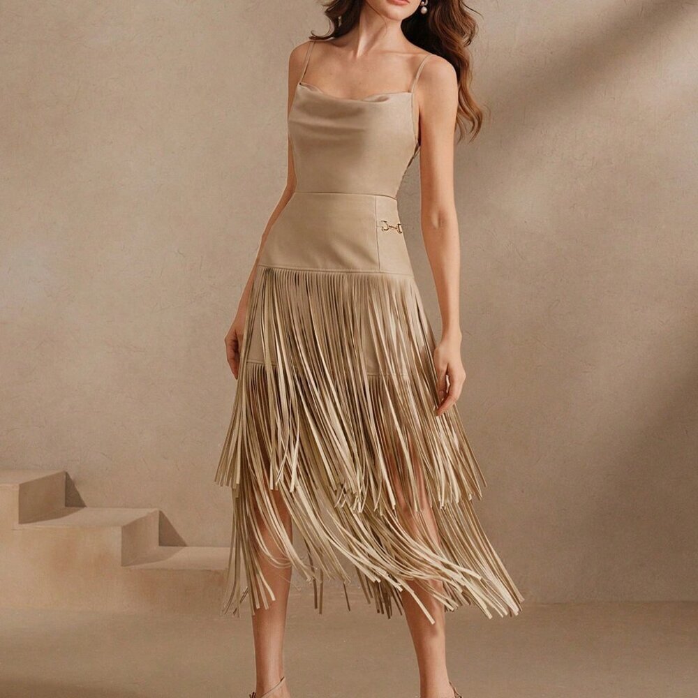 Beige Boho Women's Versatile Midi High Waisted Soft Leather Fringed Skirt - Picture 5 of 6